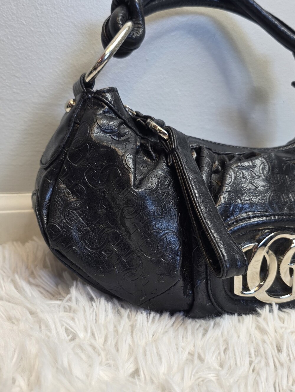 GUESS Black Monogram Embossed Hobo Shoulder Bag - Silver GG Hardware - Picture 3 of 9